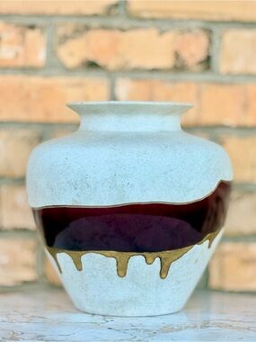White Ceramic Vase with Burgundy Band and Gold Drip Accent
